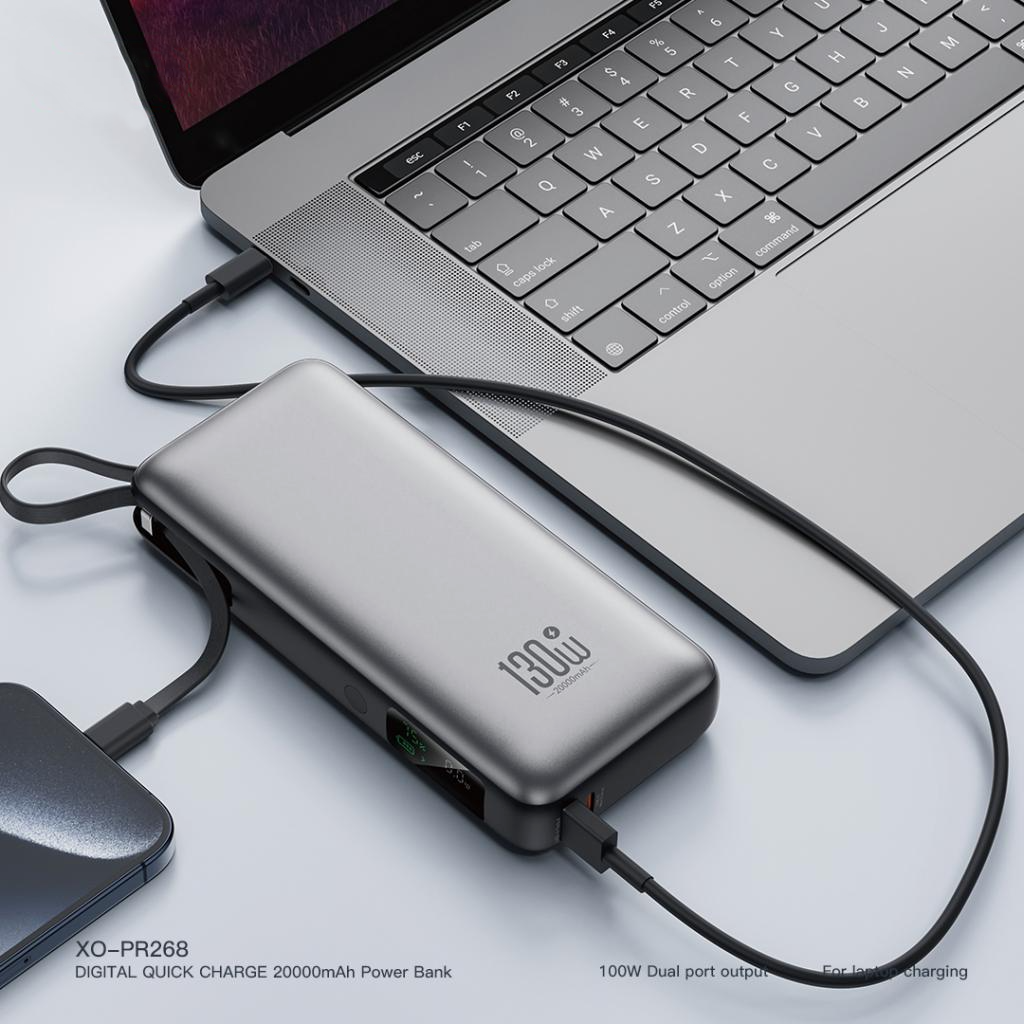 Vanjska baterija XO Design PR268, 20000mAh, 130W, QC + PD, 1 x USB-A - 2 x USB-C, Siva