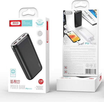 Vanjska baterija XO Design PR127, 20000mAh, 22.5W, QC + PD, 1 x USB-C - 2 x USB-A, Crna