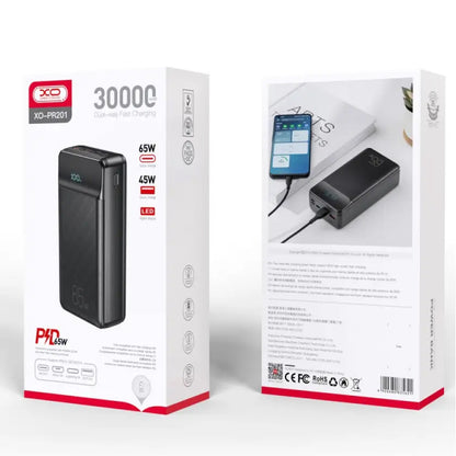 Vanjska baterija XO Design PR201, 30000mAh, 65W, QC + PD, 1 x USB-C - 2 x USB-A, Crna