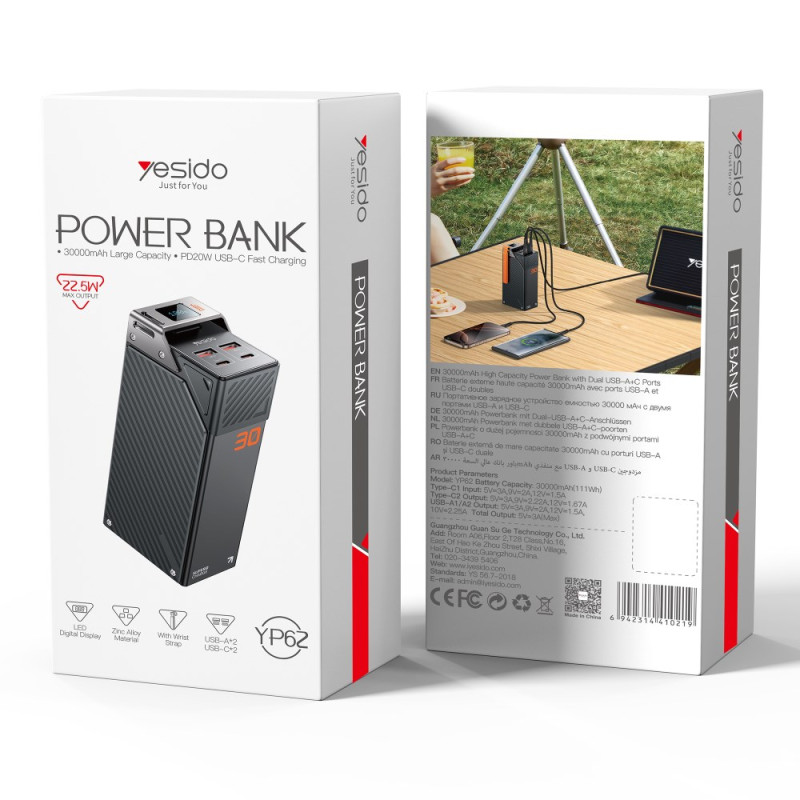 Vanjska baterija Yesido YP62, 30000mAh, 22.5W, QC + PD, 2 x USB-A - 2 x USB-C, Crna