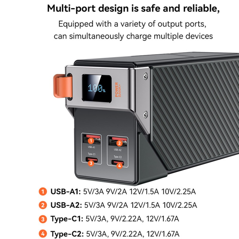 Vanjska baterija Yesido YP62, 30000mAh, 22.5W, QC + PD, 2 x USB-A - 2 x USB-C, Crna