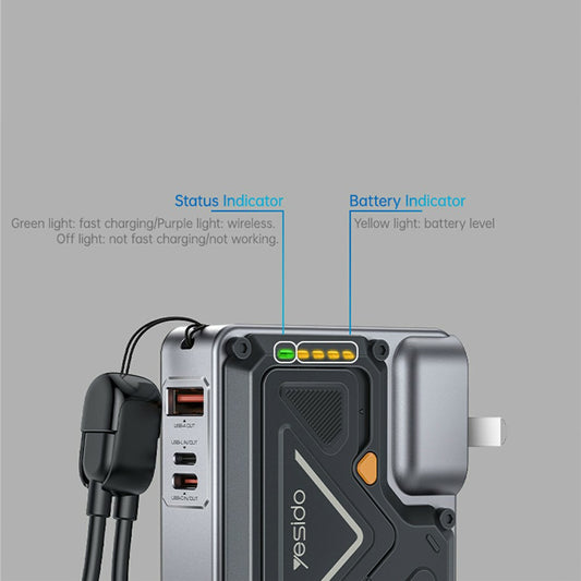 Vanjska baterija Yesido YP89, 10000mAh, 22.5W, QC + PD + FQI, 1 x Lightning - 1 x QI - 1 x USB-A - 1 x USB-C, Siva