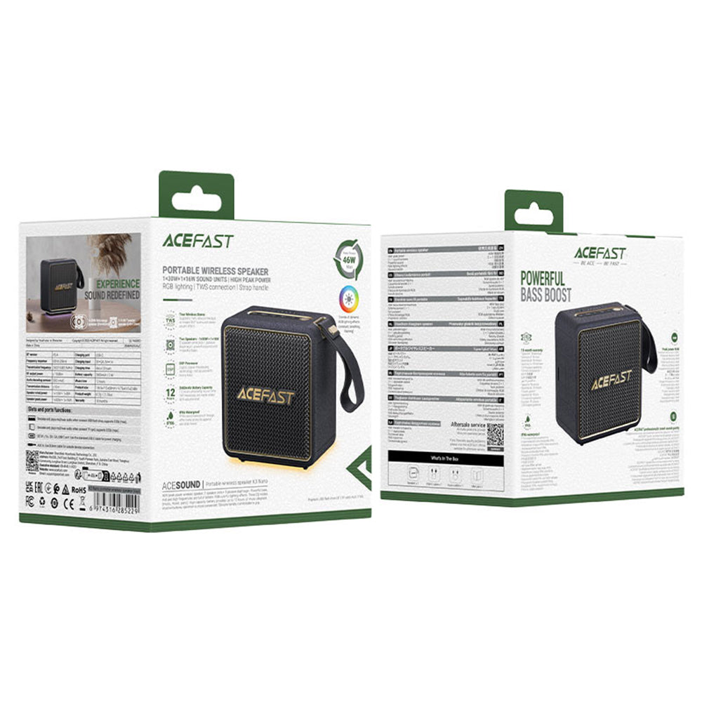 Prijenosni Bluetooth zvučnik Acefast K3 Nano, 1 x 30W - 1 x 16W, RGB, Vodootporan, Crni