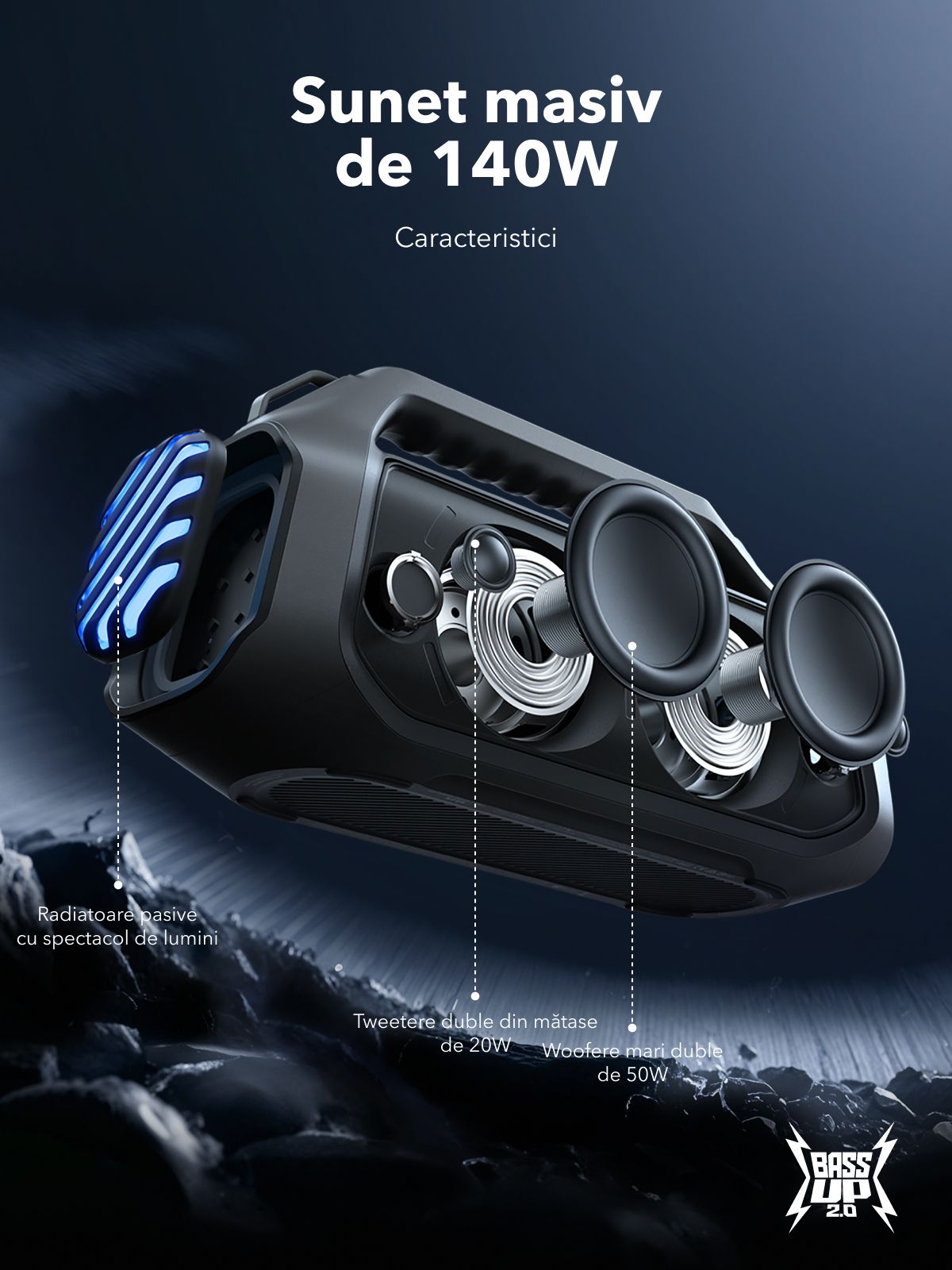 Prijenosni Bluetooth zvučnik Anker SoundCore Boom 2 Plus Nova Verzija, 140W, TWS, RGB, Vodootporan, Crna A3134012