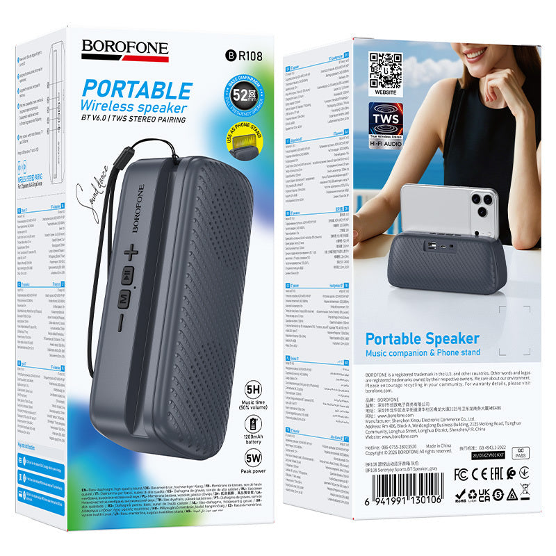 Prijenosni Bluetooth zvučnik Borofone BR108 Serenjoy, 5 W, TWS, sivi
