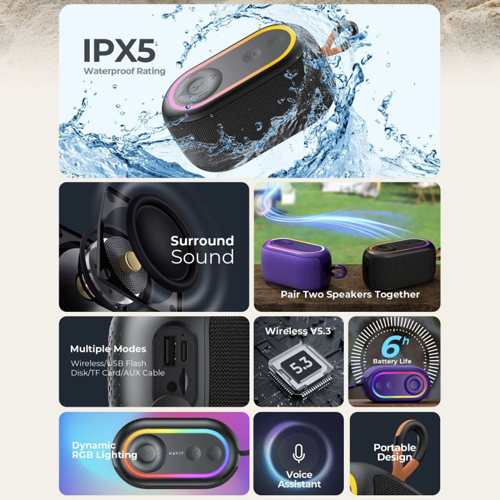 Prijenosni Bluetooth zvučnik HAVIT SK809BT, 7W, RGB, Vodootporan, Ljubičasti