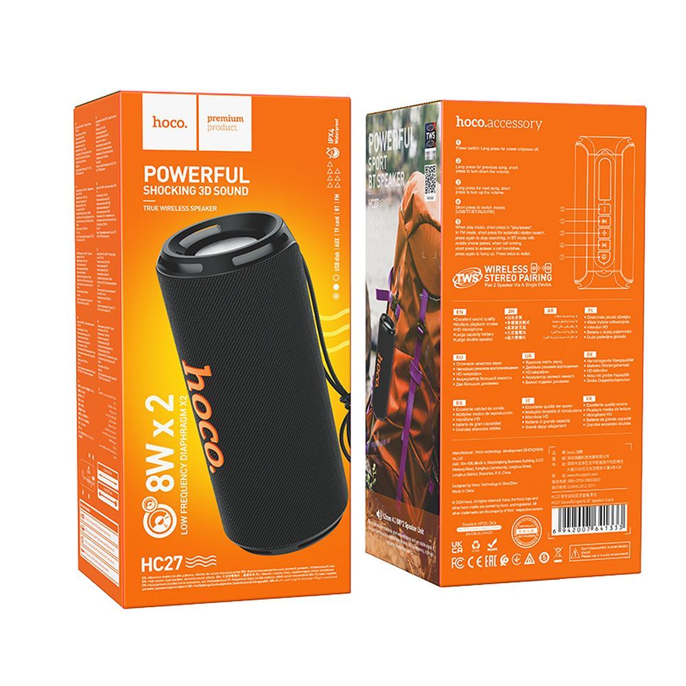 Prijenosni Bluetooth zvučnik HOCO HC27, 2 x 8W, Crni