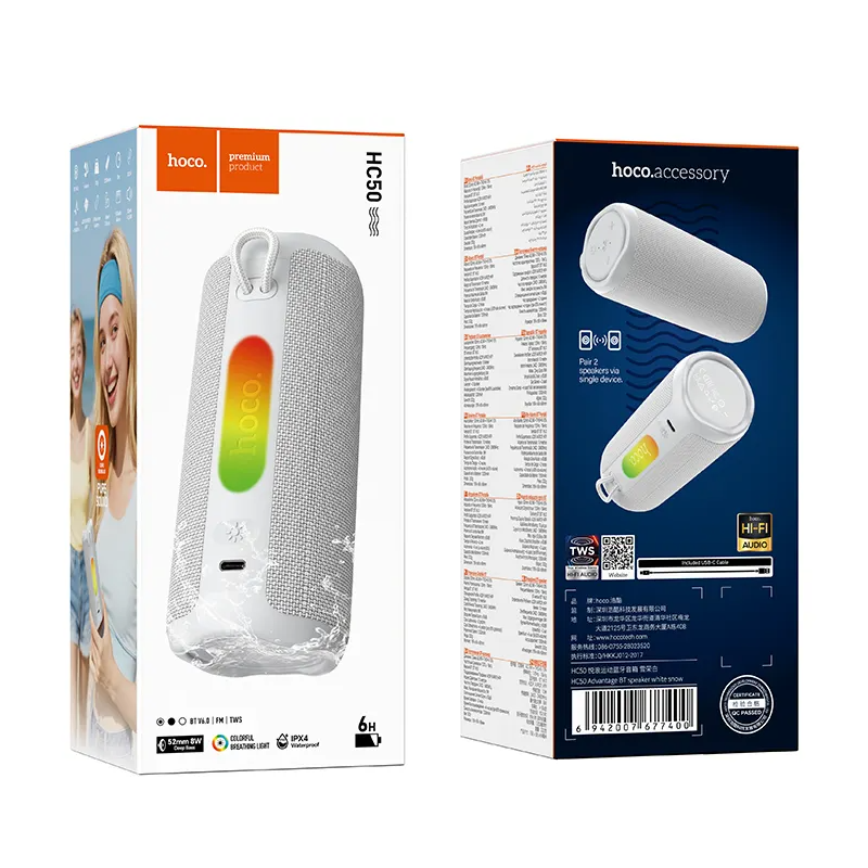 Prijenosni Bluetooth zvučnik HOCO HC50, 8W, TWS, RGB, Vodootporan, Bijeli