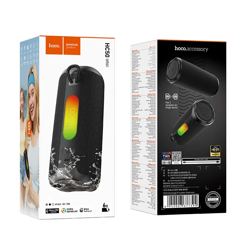 Prijenosni Bluetooth zvučnik HOCO HC50, 8W, TWS, RGB, Vodootporan, Crna