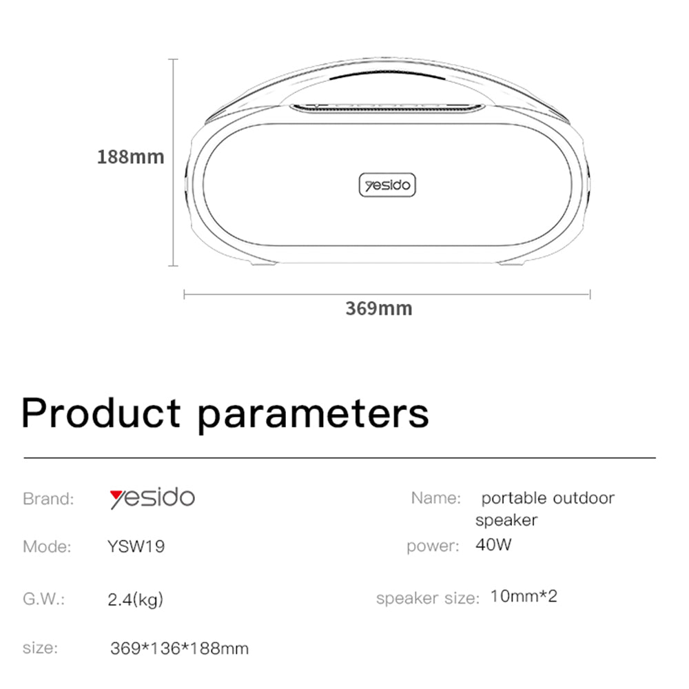 Prijenosni Bluetooth zvučnik Yesido YSW19, 40W, RGB, vodootporan, crni