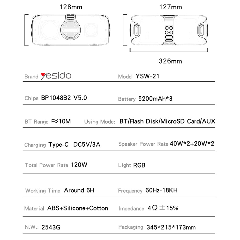 Bluetooth zvučnik Yesido YSW21 Karaoke, 120W, RGB, Vodootporan, Crni