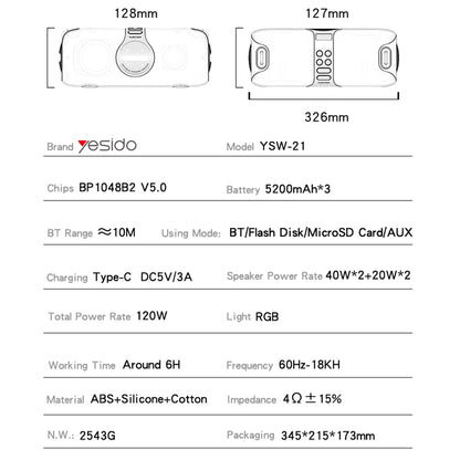 Bluetooth zvučnik Yesido YSW21 Karaoke, 120W, RGB, Vodootporan, Crni