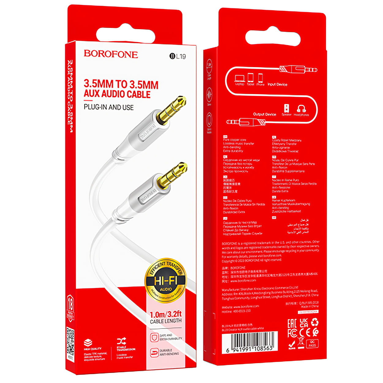 Audio kabel 3.5mm - 3.5mm Borofone BL19 Creator, 1m, Bijeli