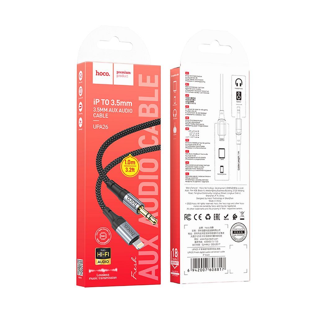 Audio kabel Lightning - 3.5mm HOCO UPA26, 1m, Crni