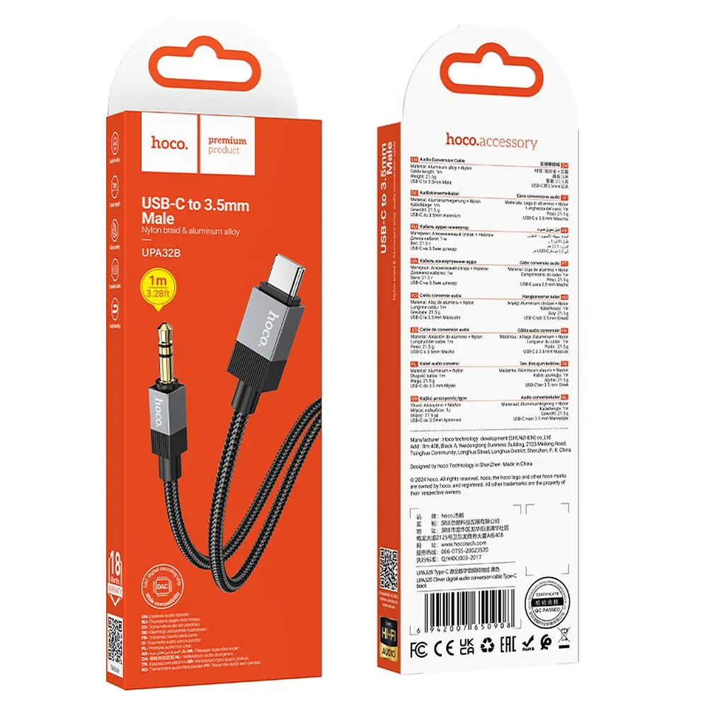 Audio kabel USB-C - 3.5mm HOCO UPA32B, 1m, Crni
