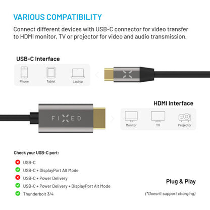 Audio i Video kabel USB-C - HDMI Fixed, 2m, Sivi