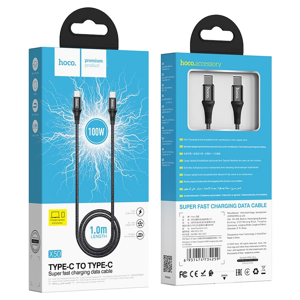 Kabel za Prijenos Podataka i Punjenje USB-C - USB-C HOCO X50, 100W, 1m, Crni