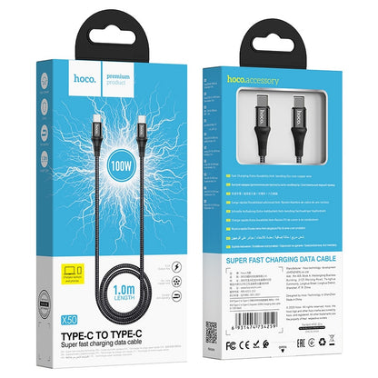 Kabel za Prijenos Podataka i Punjenje USB-C - USB-C HOCO X50, 100W, 1m, Crni
