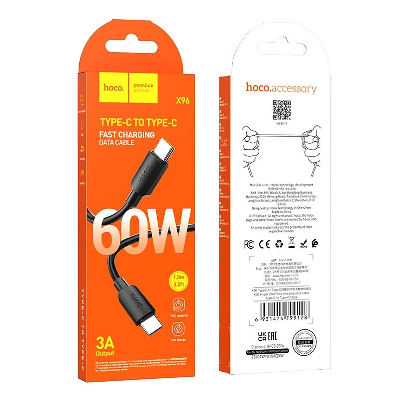 Kabel za Prijenos Podataka i Punjenje USB-C - USB-C HOCO X96, 60W, 1m, Crni