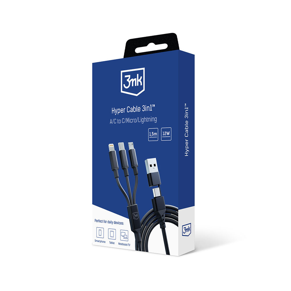 Kabel za punjenje USB-A / USB-C - Lightning / microUSB / USB-C 3MK Hyper 3in1, 12W, 1.5m, Crni