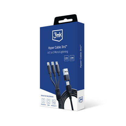 Kabel za punjenje USB-A / USB-C - Lightning / microUSB / USB-C 3MK Hyper 3in1, 12W, 1.5m, Crni