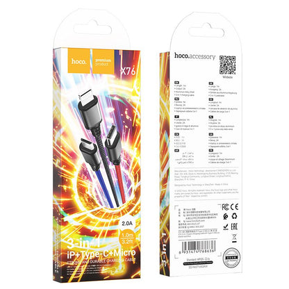 Kabel za punjenje USB-A - Lightning / microUSB / USB-C HOCO X76 3u1, 18W, 1m, Višebojni