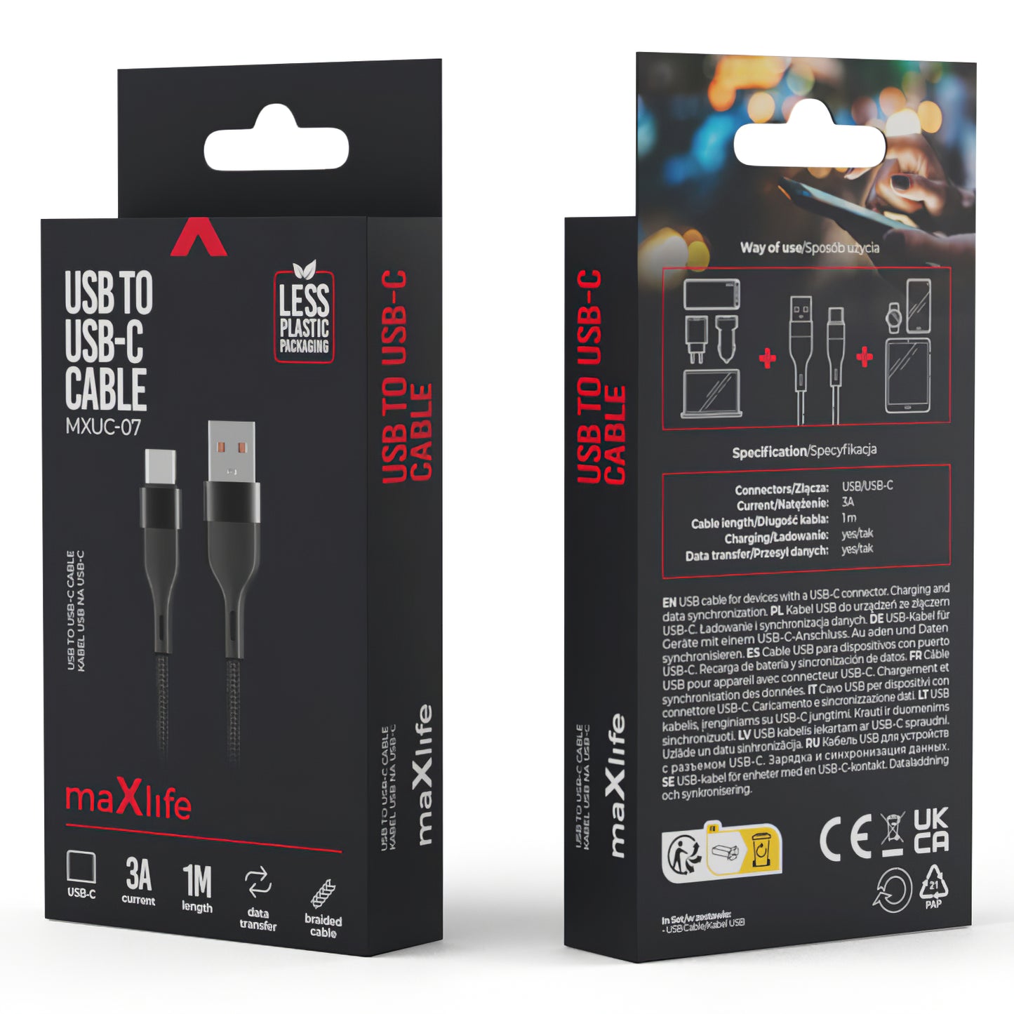 Kabel za Prijenos Podataka i Punjenje USB-A - USB-C MaXlife MXUC-07, 20W, 1m, Crni
