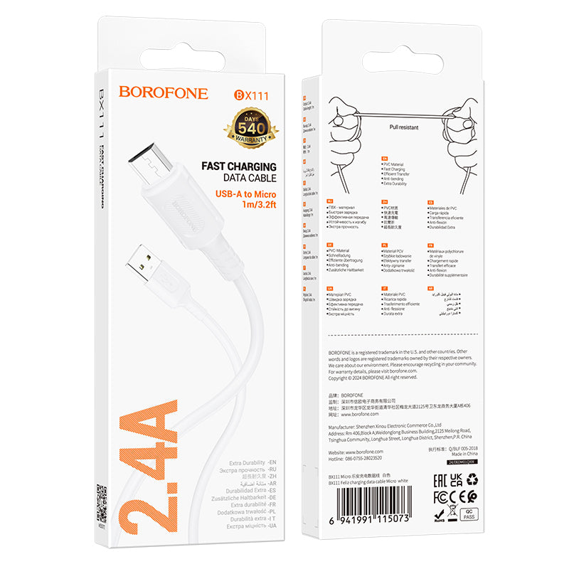 Kabel za Prijenos Podataka i Punjenje USB-A - microUSB Borofone BX111 Feliz, 18W, 1m, Bijeli