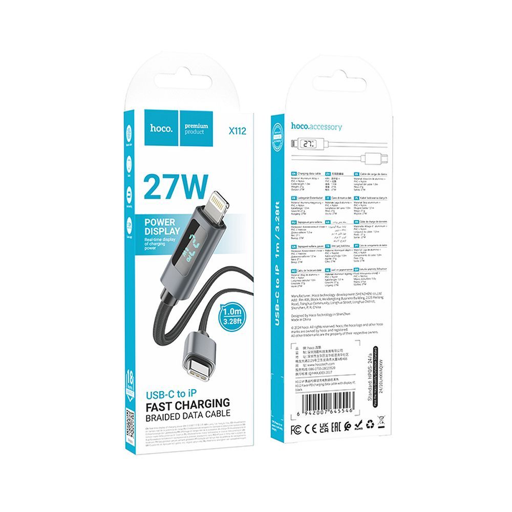 Kabel za podatke i punjenje USB-C - Lightning HOCO Display X112, 27W, 1m, Crni