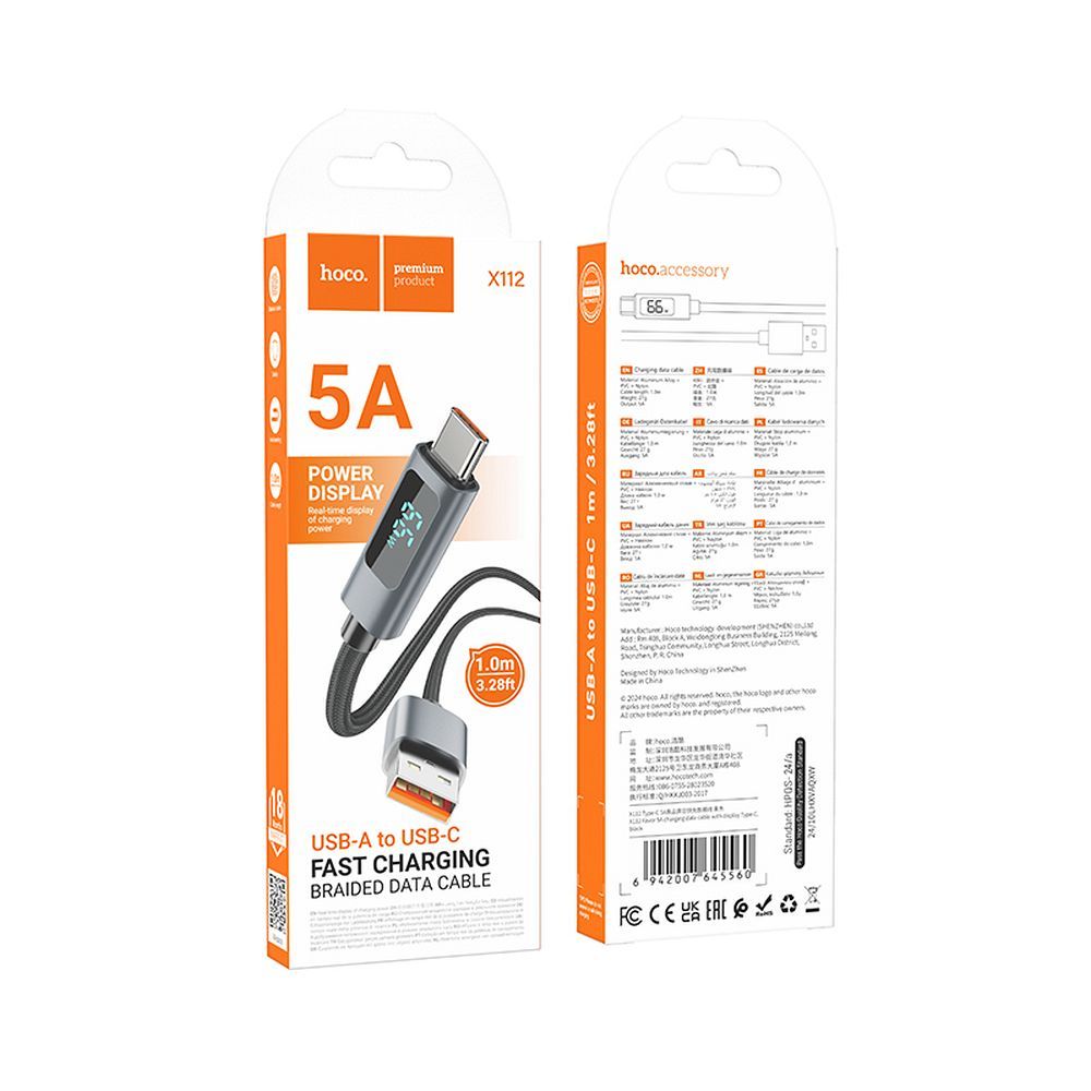 Kabel za podatke i punjenje USB-A - USB-C HOCO Display X112, 100W, 1m, Crni