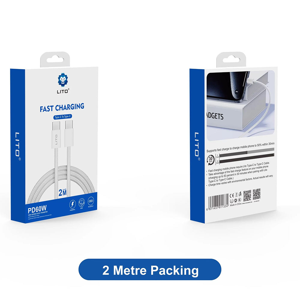 Kabel za prijenos podataka i punjenje USB-C - USB-C Lito LD04CC, 60W, 2m, Bijeli