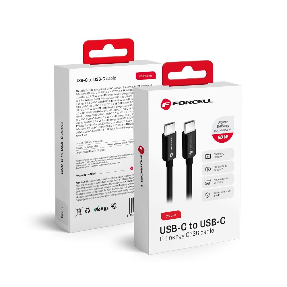 Kabel za Prijenos Podataka i Punjenje USB-C - USB-C Forcell F-Energy C338, 60W, 0.25m, Crni