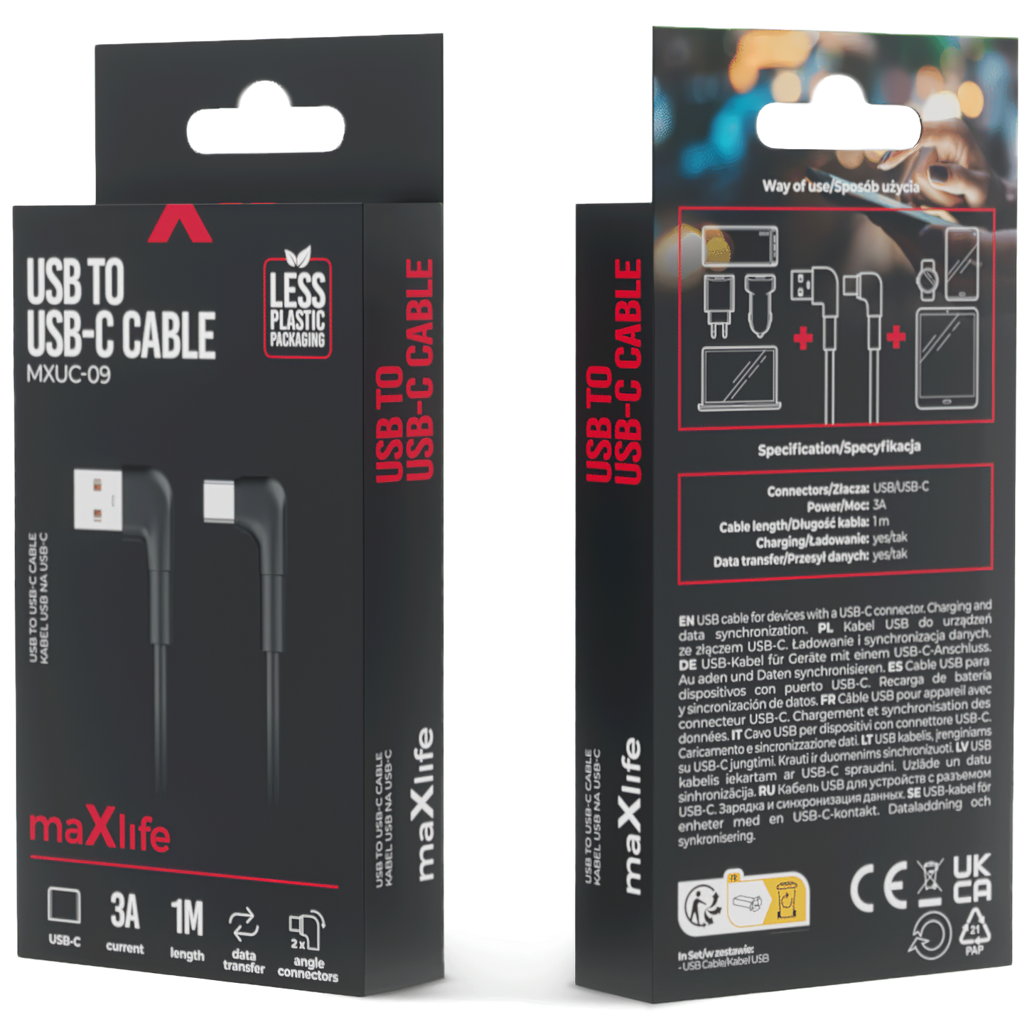 Kabel za Prijenos Podataka i Punjenje USB-A - USB-C MaXlife MXUC-09 Angled, 20W, 1m, Crni