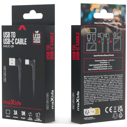 Kabel za Prijenos Podataka i Punjenje USB-A - USB-C MaXlife MXUC-09 Angled, 20W, 1m, Crni