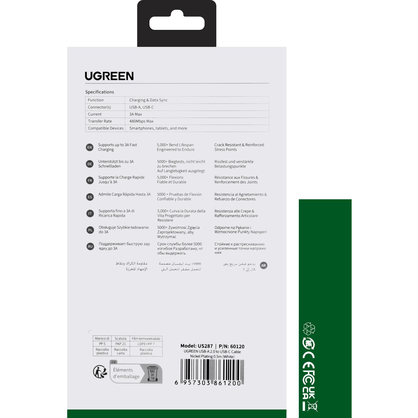 Kabel za Prijenos Podataka i Punjenje USB-A - USB-C UGREEN US287, 60W, 0.5m, Bijeli
