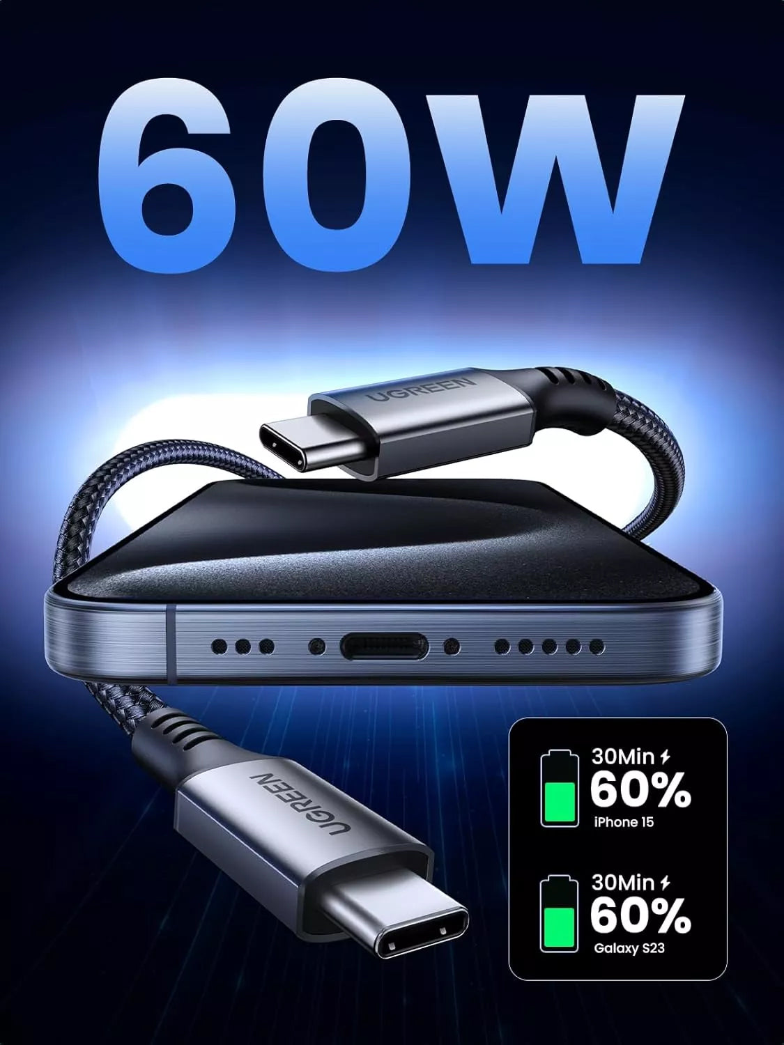 Kabel za Prijenos Podataka i Punjenje USB-C - USB-C UGREEN US567, 60W, 2m, Sivi