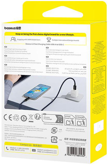 Kabel za podatke i punjenje USB-A - USB-C Baseus Lit Button Control, 100W, 1m, Crni P10379002121-00