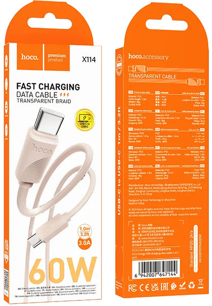 Kabel za podatke i punjenje USB-C - USB-C HOCO X114, 60W, 1m, Roza