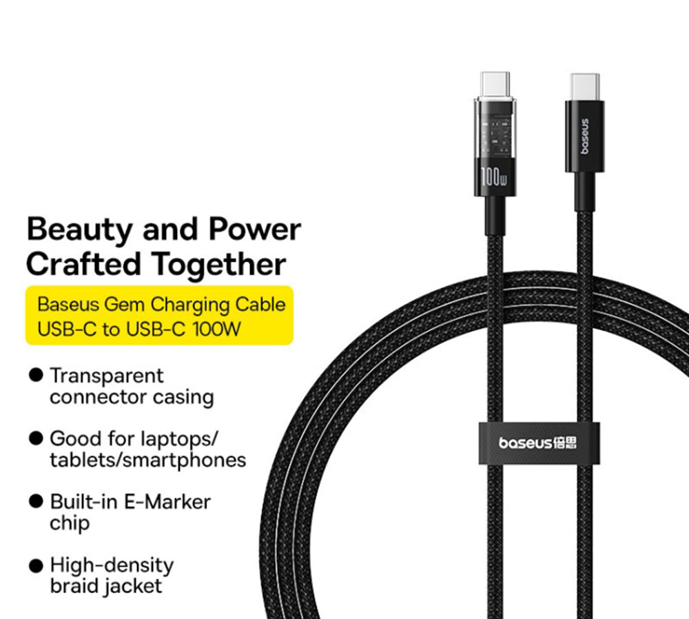 Kabel za prijenos podataka i punjenje USB-C - USB-C Baseus Gem, 100W, 2m, Crni P10373000111-01