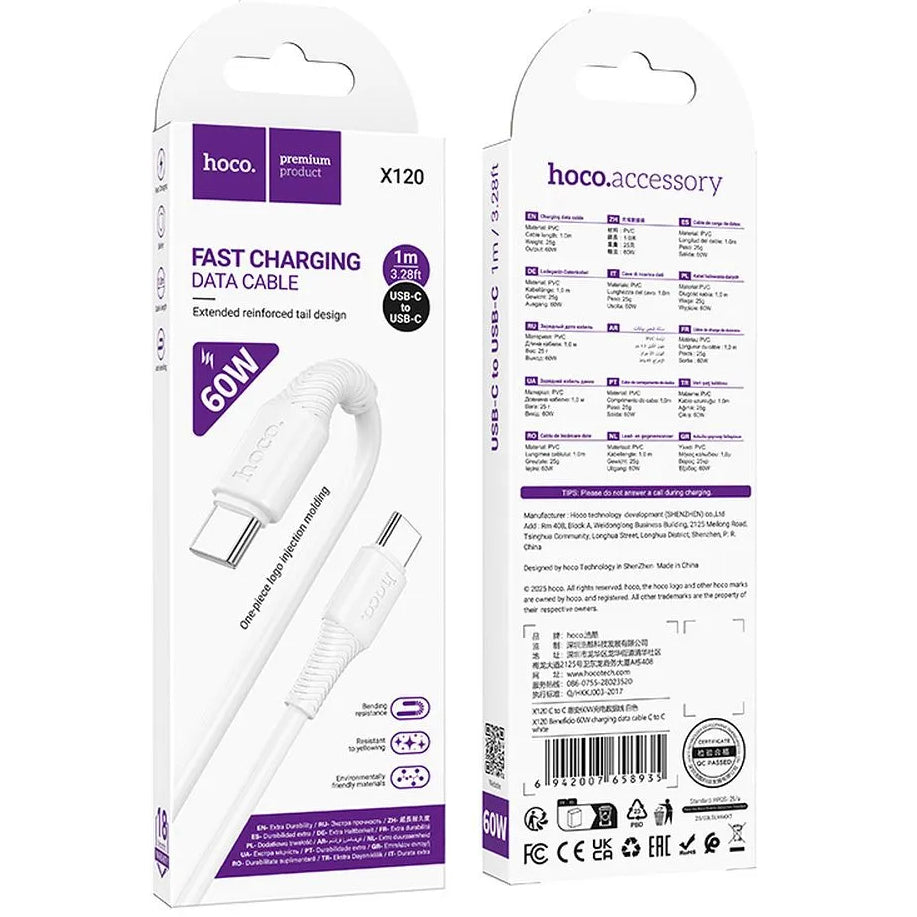 Kabel za podatke i punjenje USB-C - USB-C HOCO X120, 60W, 1m, Bijeli