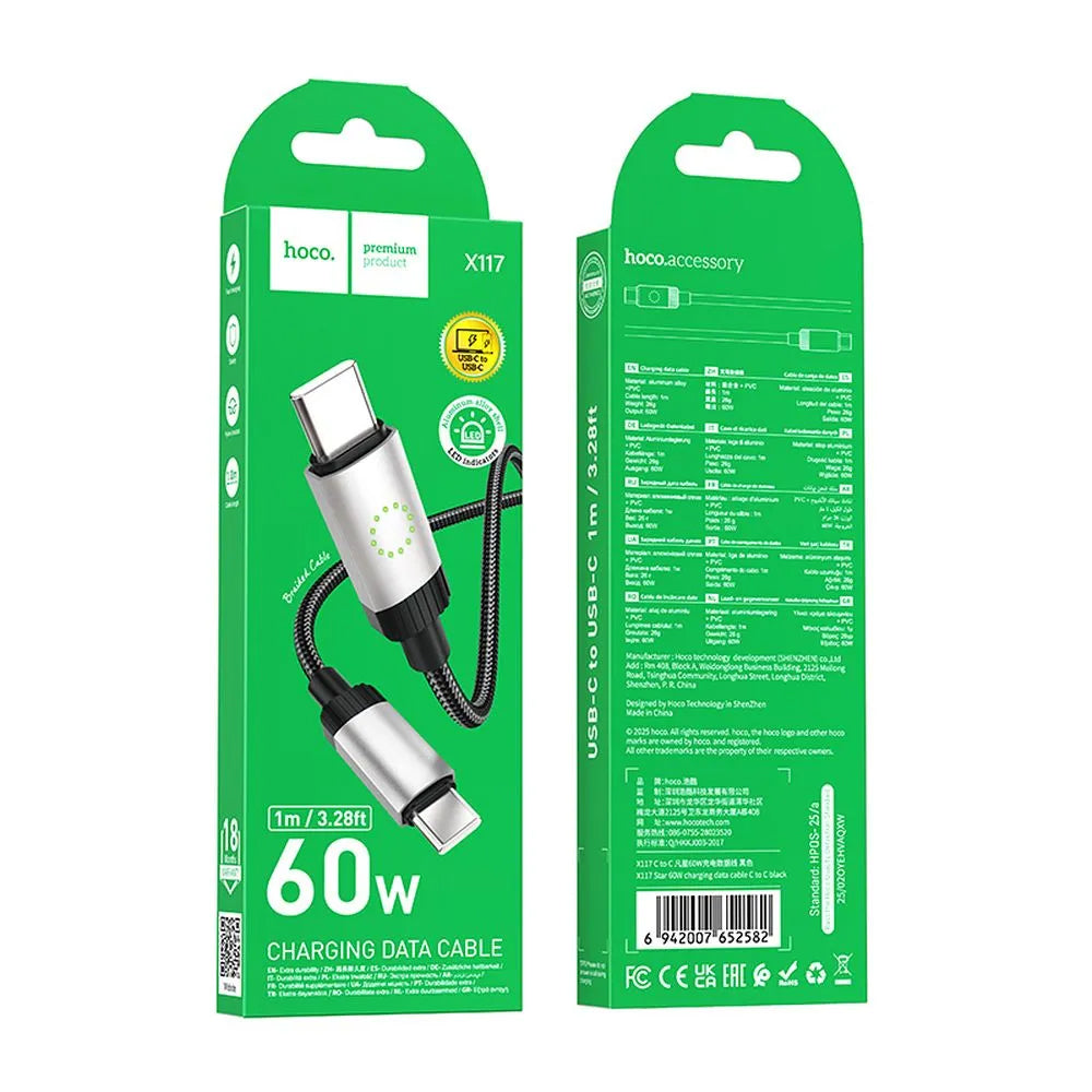 Kabel za podatke i punjenje USB-C - USB-C HOCO X117, 60W, 1m, Crni