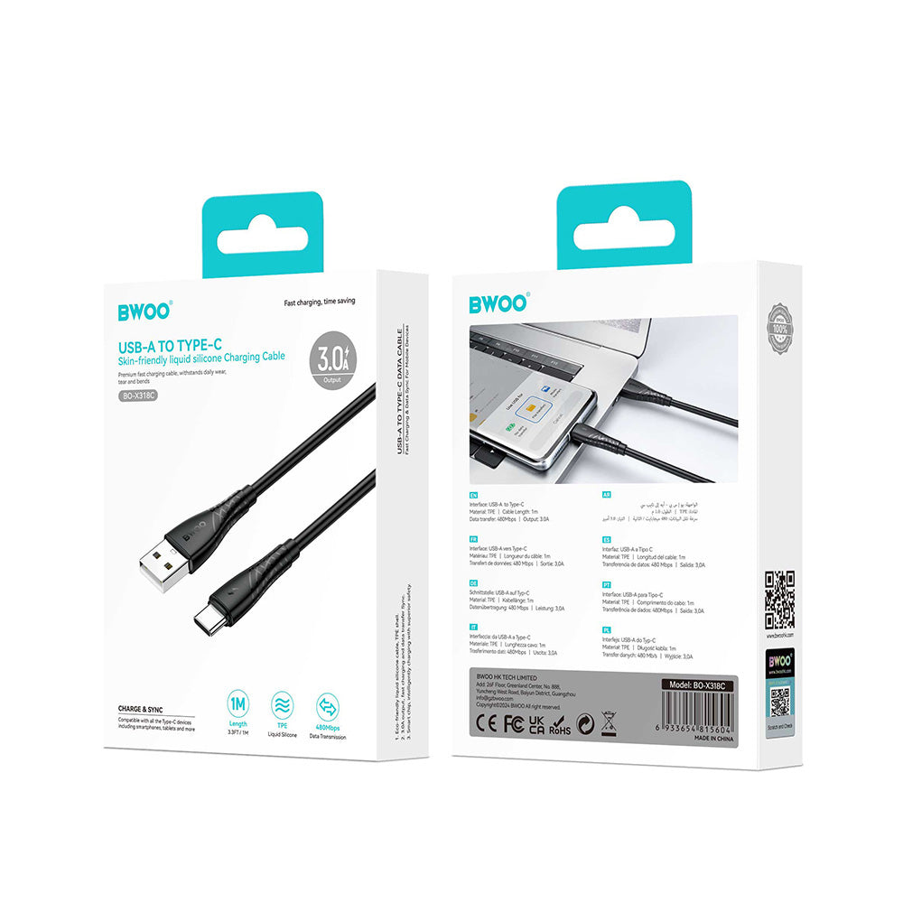 Kabel za podatke i punjenje USB-A - USB-C BWOO BO-X318C, 27W, 1m, Crni
