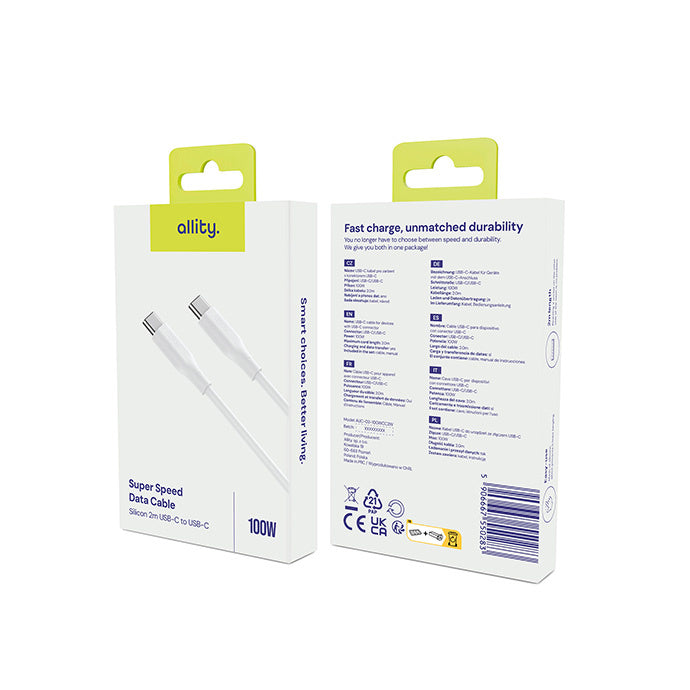 Kabel za podatke i punjenje USB-C - USB-C Allity. AUC-02, 100W, 2m, Bijeli