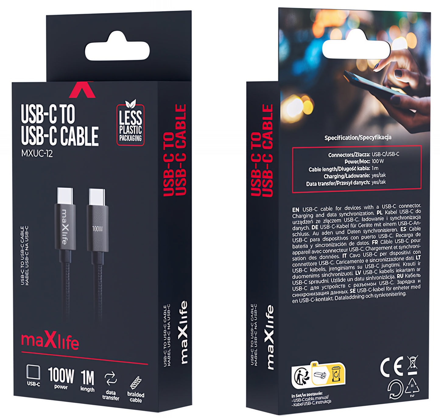 Kabel za podatke i punjenje USB-C - USB-C MaXlife MXUC-12, 100W, 1m, Crni