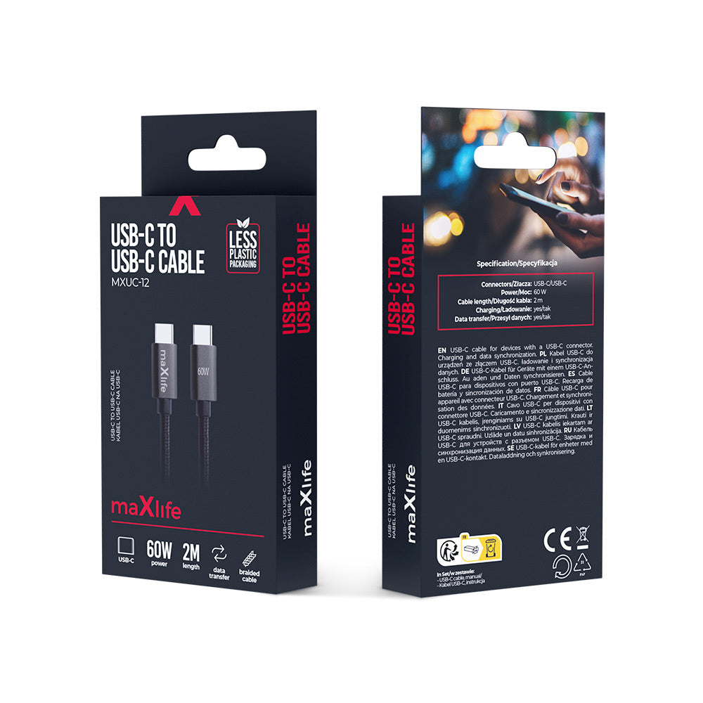 Kabel za prijenos podataka i punjenje USB-C - USB-C MaXlife MXUC-12, 60W, 2m, Crni
