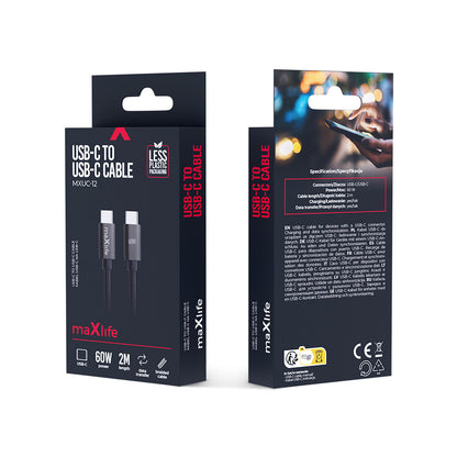 Kabel za prijenos podataka i punjenje USB-C - USB-C MaXlife MXUC-12, 60W, 2m, Crni