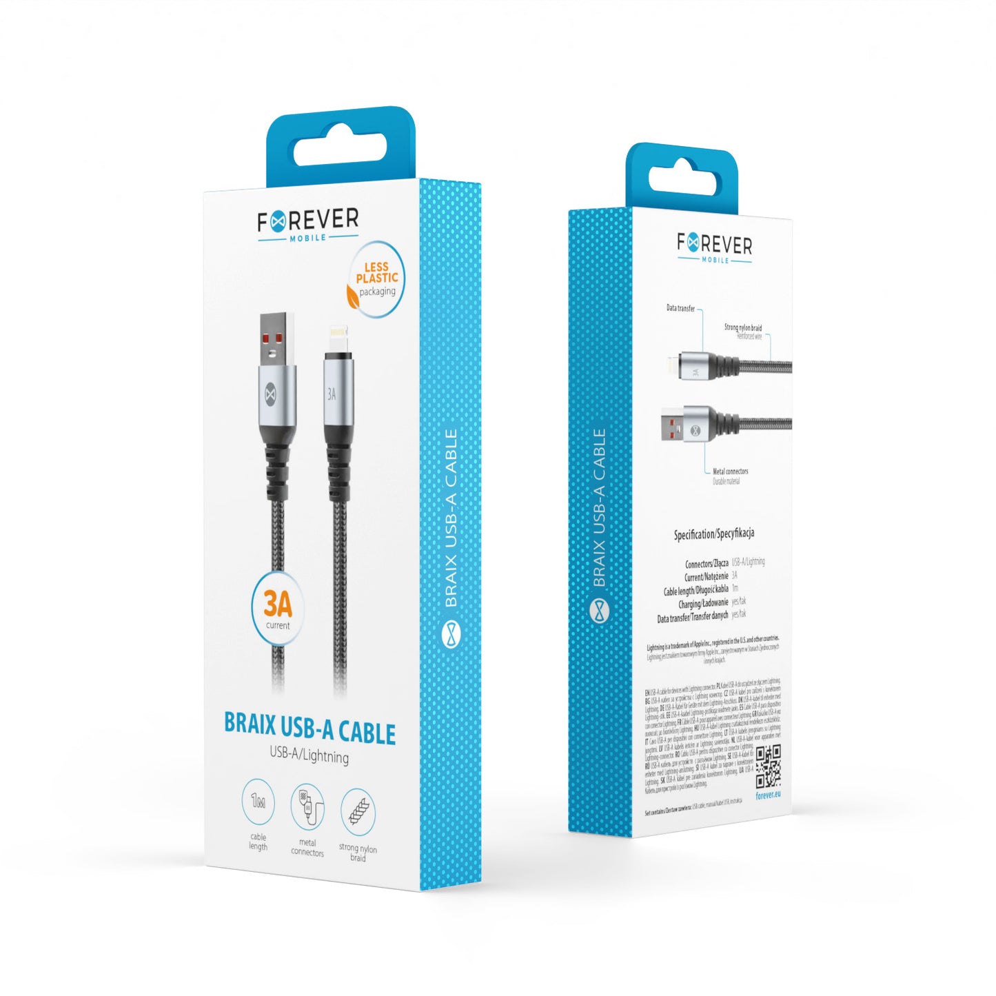 Kabel za podatke i punjenje USB-A - Lightning Forever Braix, 18W, 1m, Crni