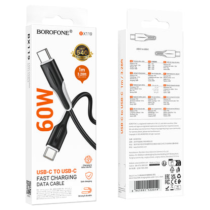 USB-C kabel za prijenos podataka i punjenje - USB-C Borofone BX119 New, 60W, 1m, Crna