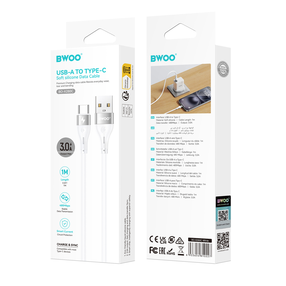 Kabel za prijenos podataka i punjenje USB-A - USB-C BWOO X280C, 15W, 1m, Bijeli