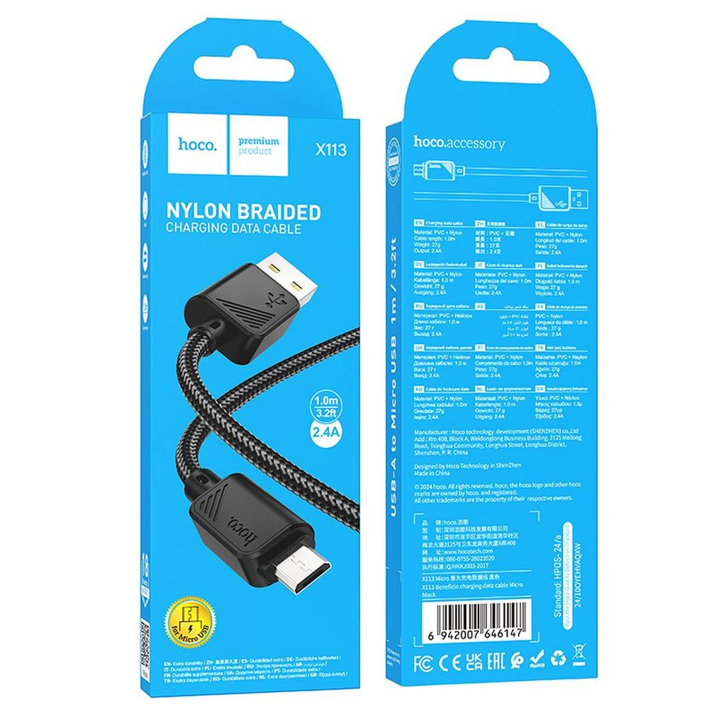 Kabel za prijenos podataka i punjenje USB-A - microUSB HOCO X113, 18W, 1m, Crna